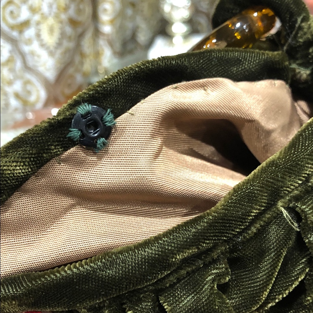 Vintage Handmade Olive Green Velvet Handbag with Pink Flower Accent - Picture 2 of 10